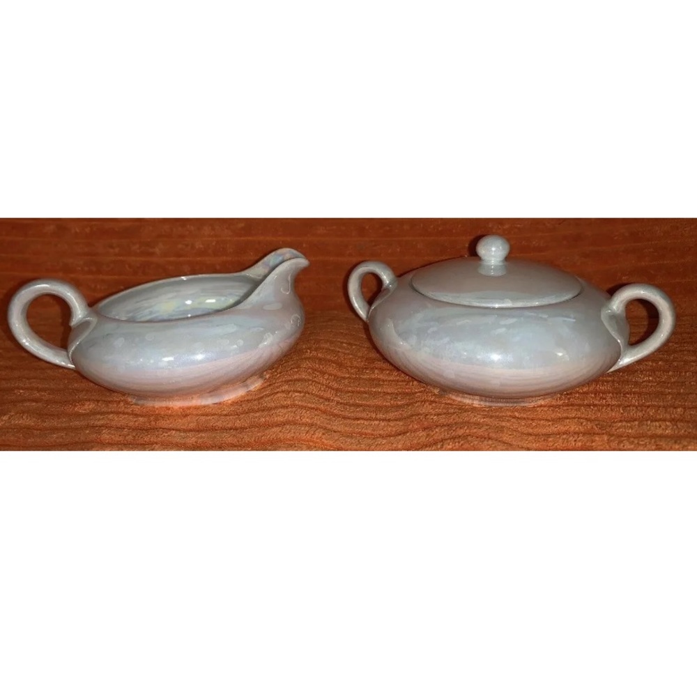 O&E.G White‎ Lusterware Cream & Sugar Iridescent, Austria Vintage